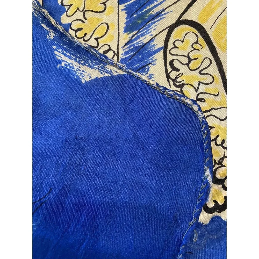 Vintage Pure Silk Scarf Carmen Miranda Dancing Woman‎ Fruit Blue Yellow Rolled